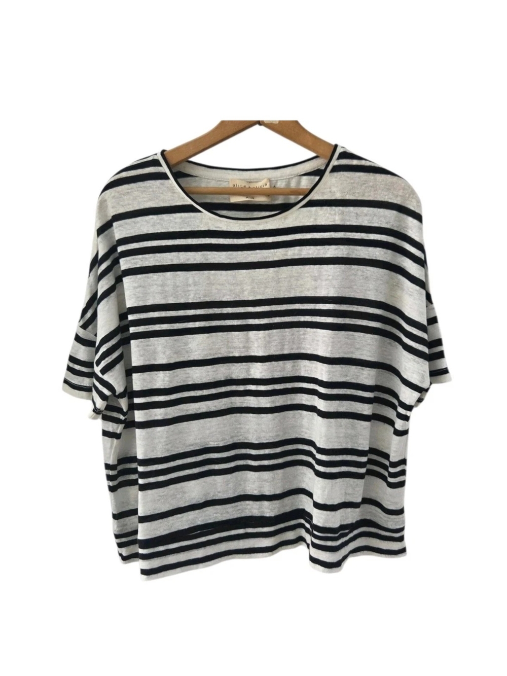 Alice + Olivia Air White Black Stripe Short Sleeve Pullover Linen Blend Top XS